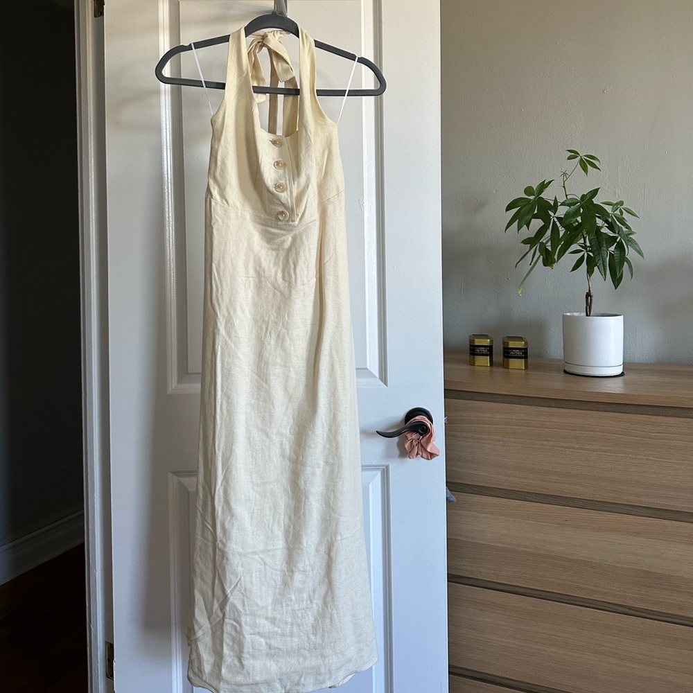 Button front halter midi dress.